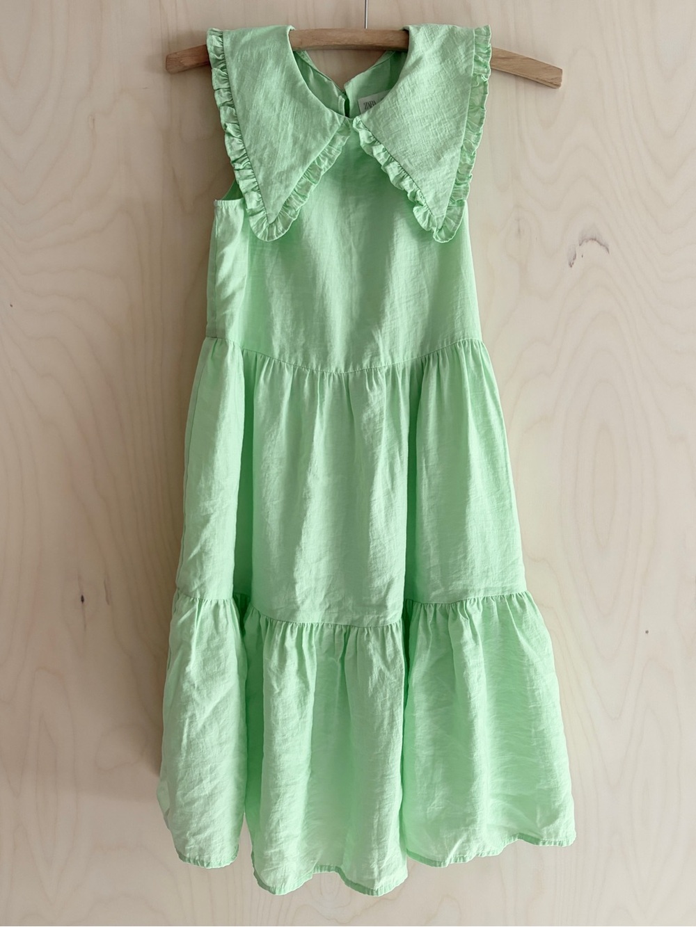 Zara Mint Green Sleeveless Tiered Dress with Ruffle Collar